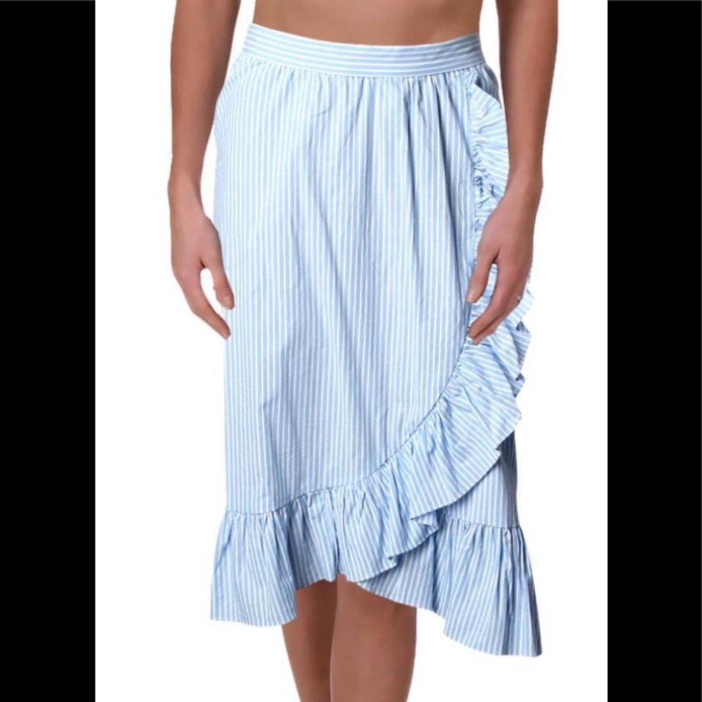 Jill Stuart Flirty Ruffled Wrap Striped Midi Skirt